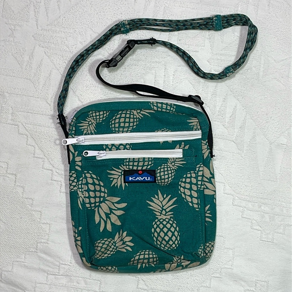 Kavu Keeper Crossbody Rope Bag Cotton Canvas Purse Pineapples Teal Blue & Gray - Picture 2 of 16